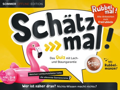 „Schätz mal! Das Quiz mit Lach- und Staungarantie.“ Ein aufblasbarer, rosa Flamingo ist abgebildet.