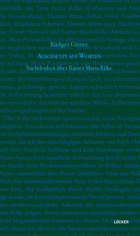 Eine Illustration mit Text: "Rüdiger Görner, Ausgesetzt auf Worten, Nachdenken über Rainer Maria Rilke", unten "Löcker".
