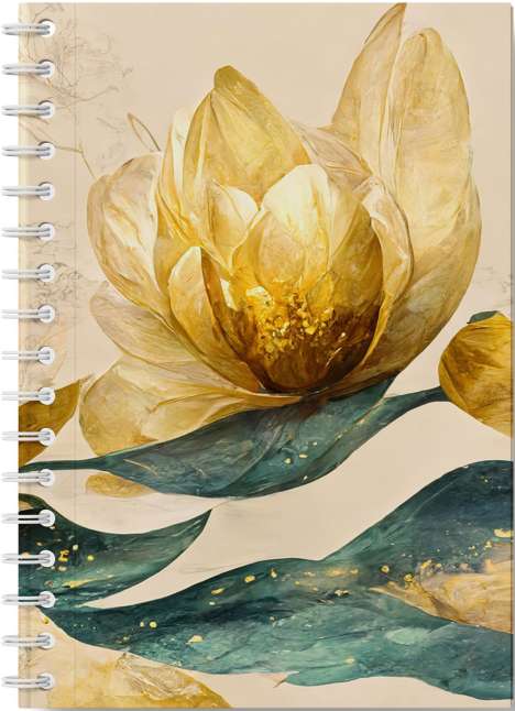 Eleganz der Natur - Premium Spiral-Notizbuch A5 Soft-Touch liniert, verzaubert durch goldenen Blütencharme, Diverse