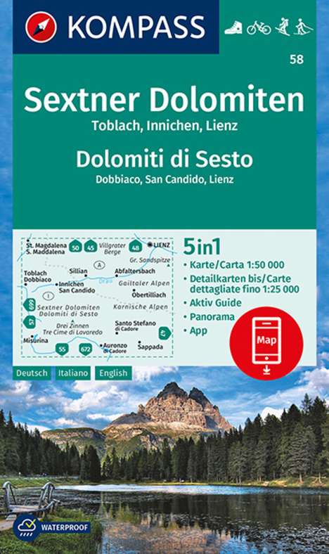 KOMPASS Wanderkarte 58 Sextner Dolomiten, Dolomit di Sesto, Toblach, Dobbiaco, Innichen, San Candido, Lienz 1:50.000, Buch