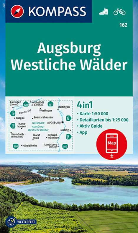 KOMPASS Wanderkarte 162 Augsburg, Westliche Wälder 1:50.000, Karten