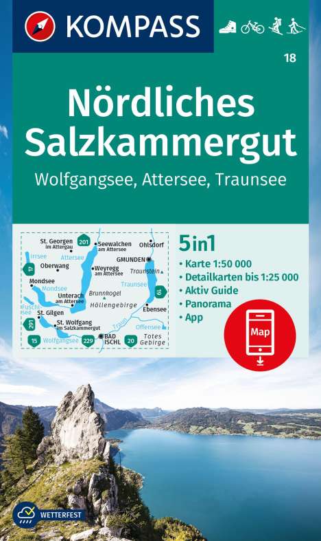 KOMPASS Wanderkarte 18 Nördliches Salzkammergut, Wolfgangsee, Attersee, Traunsee 1:50.000, Karten
