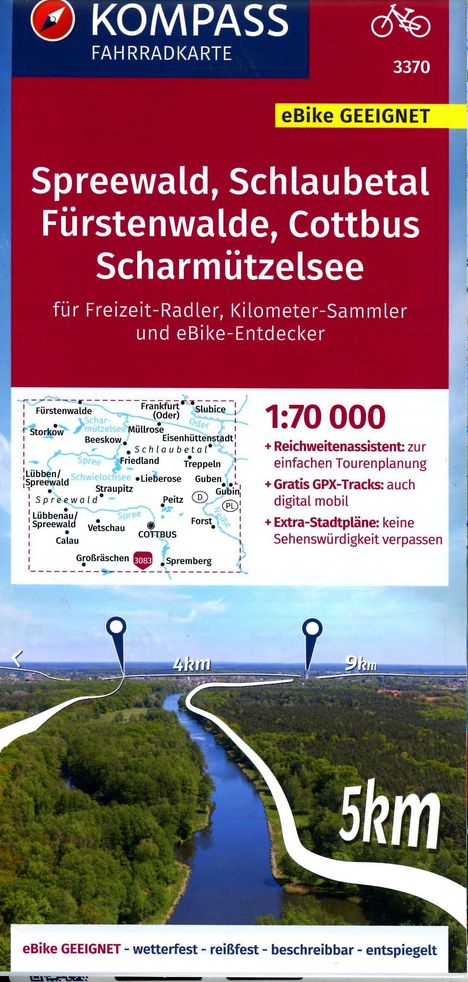 KOMPASS Fahrradkarte 3370 Spreewald, Schlaubetal, Fürstenwalde, Cottbus, Scharmützelsee mit Knotenpunkten 1:70.000, Karten