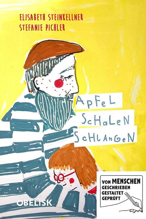 Der Text in blauen Buchstaben lautet: "Apfel Schalen Schlangen". Illustration von einer Person mit Bart und Kind.