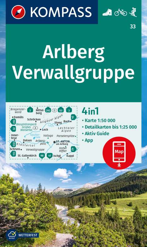 KOMPASS Wanderkarte 33 Arlberg, Verwallgruppe 1:50.000, Karten