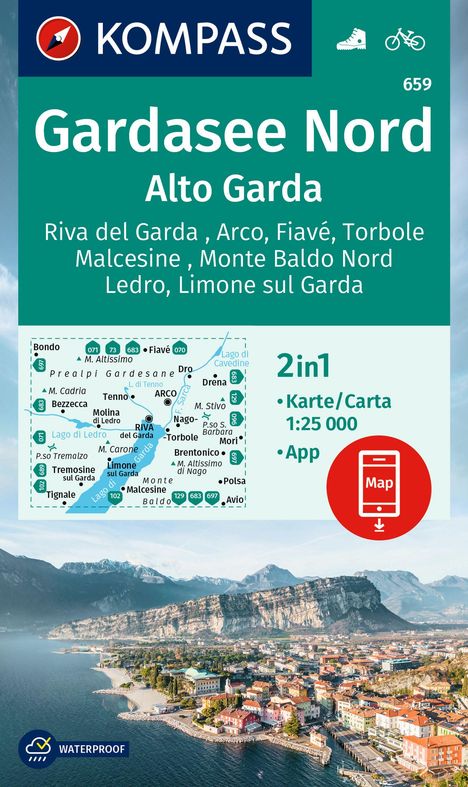 KOMPASS Wanderkarte 659 Gardasee Nord / Alto Garda, Riva del Garda, Arco, Fiavé, Torbole, Malcesine, Monte Baldo Nord, Ledro, Limone sul Garda 1:25.000, Karten