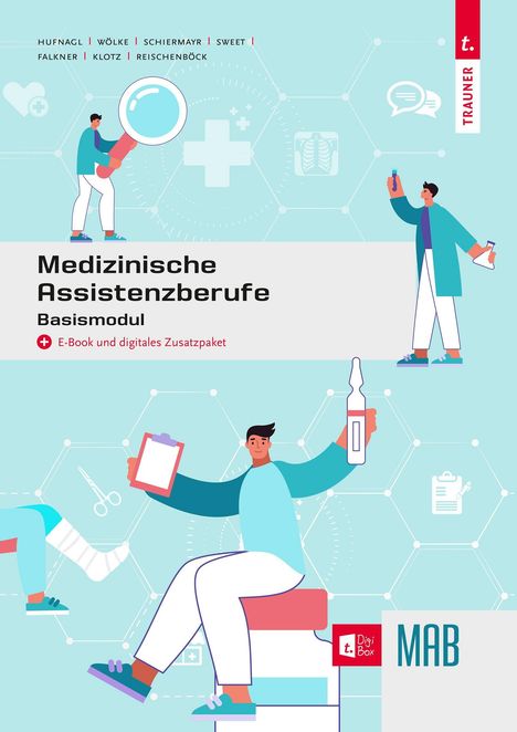 „Medizinische Assistenzberufe Basismodul. E-Book und digitales Zusatzpaket.“ Illustration: Menschen mit Laborutensilien.