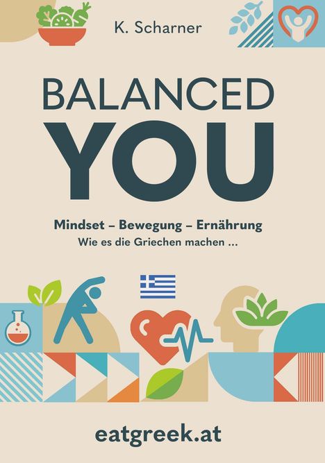 "BALANCED YOU" in großen Buchstaben. Oben links Gemüse in einer Schüssel, unten Symbole für Gesundheit und Ernährung.