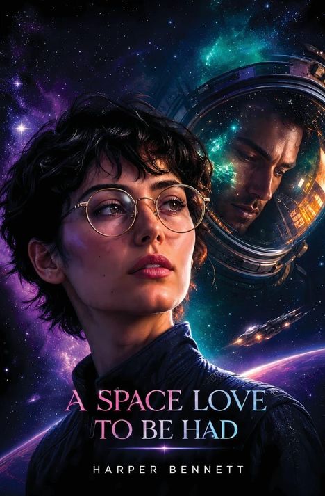 „A Space Love to be Had“ in leuchtenden rosa Buchstaben. Frau im futuristischen Anzug mit Fantasiewesen, kosmische Landschaft.
