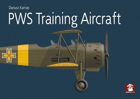 „Dariusz Karnas PWS Training Aircraft“ steht oben. Illustration eines historischen Doppeldecker-Flugzeugs mit gelber Markierung.
