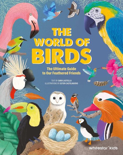 "The Secrets of Birds" in gelber Schrift, Vögel in leuchtenden Farben umgeben ein Nest mit drei blauen Eiern.