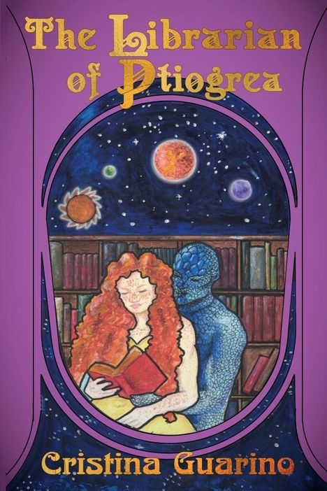 „The Librarian of Ptiogrea“, „Cristina Guarino“. Illustration: Frau mit rotem Haar liest, neben einem blauen Wesen.