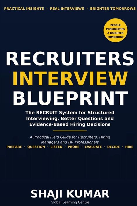 Texte: "Recruiters Interview Blueprint", "Shaji Kumar", "Practical Insights", "Global Learning Centre". Dunkelblauer Hintergrund.