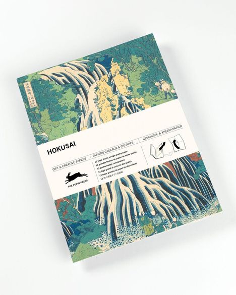 Text: HOKUSAI, Geschenk- & Kreativpapier. Illustration eines Wasserfalls in grüner Landschaft.