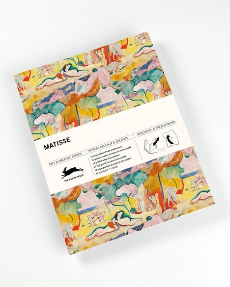 Titel "MATISSE", Geschenk- & Kreativpapier, Verpackung mit farbenfrohem Gemälde von Menschen und Bäumen.