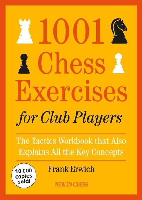 "1001 Chess Exercises for Club Players" von Frank Erwich. Schachfiguren als Illustrationen auf orangem Hintergrund.