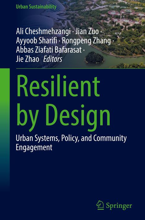 "Resilient by Design: Urban Systems, Policy, and Community Engagement" steht in grüner und weißer Schrift über einer Luftaufnahme.