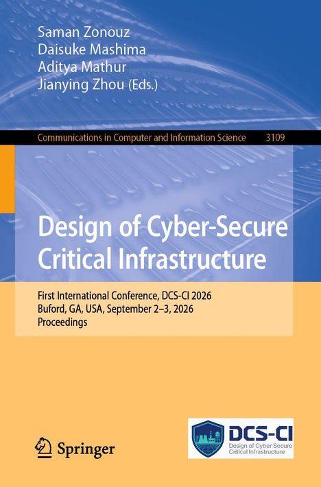 "Design of Cyber-Secure Critical Infrastructure", Event 2026, Springer. Blaues technologisches Motiv, Springer Logo.