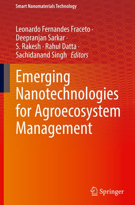 Buchtitel: "Emerging Nanotechnologies for Agroecosystem Management", Autoren: Leonardo Fernandes Fraceto et al. Farbiges Design.
