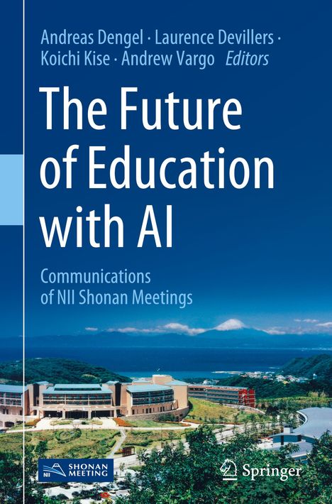 "The Future of Education with AI" zeigt Gebäude und Meer, Berge im Hintergrund; Springer und Shonan Meeting Logos unten.