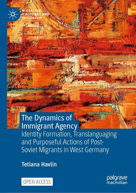 "The Dynamics of Immigrant Agency", Tetiana Havlin, abstrakte rot-orange Kunst, blaues Band; "Open Access", Logo oben links.