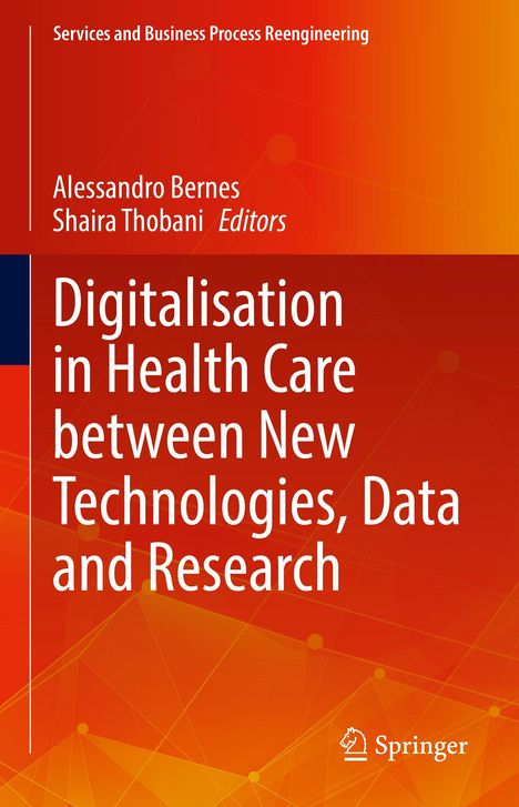 „Digitalisation in Health Care between New Technologies, Data and Research.“ Roter Hintergrund, Springer-Logo.