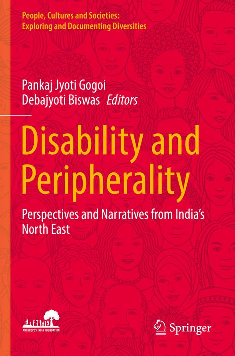 „Disability and Peripherality“ steht groß in Gelb auf rotem Hintergrund, umgeben von schematischen Gesichtern.