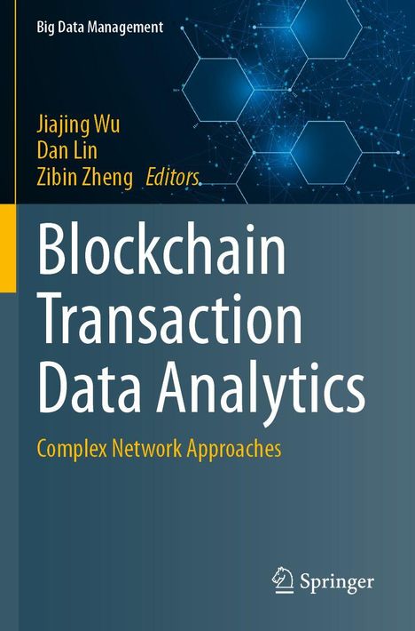 „Blockchain Transaction Data Analytics“ mit blauen Sechsecken und Springer-Logo.