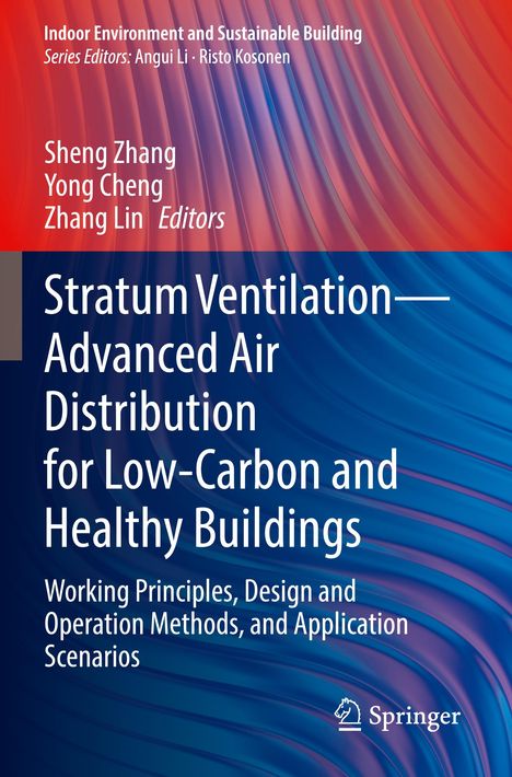 Text auf dem Cover über Stratumventilation für kohlenstoffarme, gesunde Gebäude. Bunte, geschwungene Hintergrundlinien.