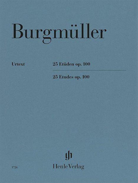 "Burgmüller", "Urtext", "25 Etüden op. 100", "25 Etudes op. 100". "HenleVerlag" und Logo darunter.