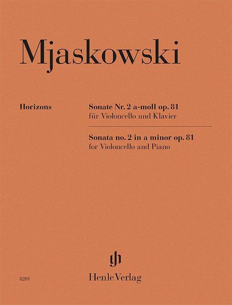 "Mjaskowski Horizons, Sonate Nr. 2 a-moll op. 81 für Violoncello und Klavier. HenleVerlag Logo unten."