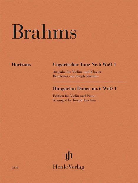 Texte: "Brahms", "Horizons", "Ungarischer Tanz Nr. 6 WoO 1", "Henle Verlag". Ein Cover mit minimalistischem Design.