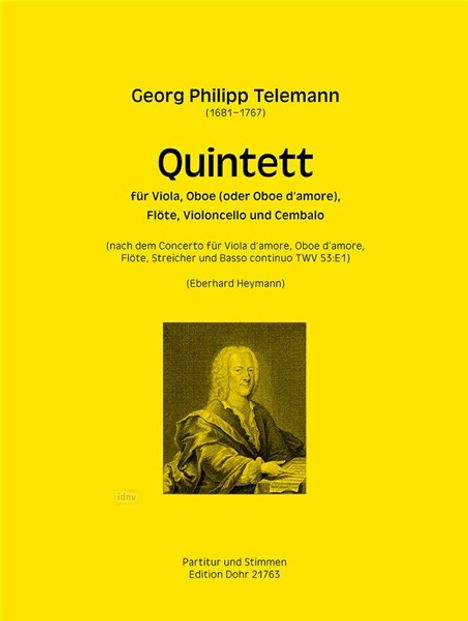 Georg Philipp Telemann: Quintett für Viola, Oboe (oder Oboe d'amore), Flöte, Violoncello und Cembalo E-Dur, Noten