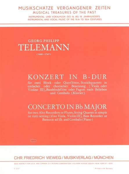 Georg Philipp Telemann: Konzert für 2 Altblockflöten und Streicher B-dur TWV 52: B1, Noten