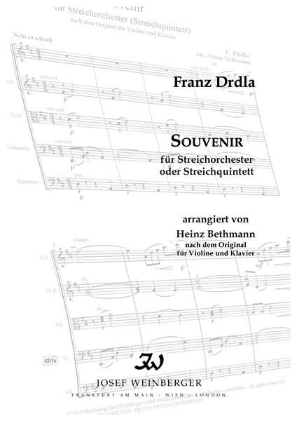 Franz Drdla: Souvenir für Streichorchester oder Streichquintett D-Dur (1904/2012), Noten