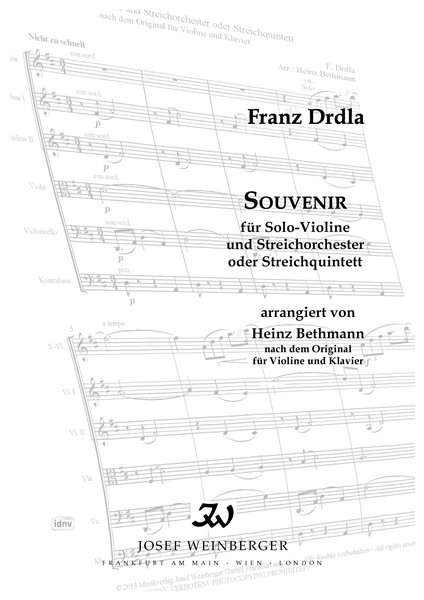Franz Drdla: Souvenir für Solo-Violine und Streichorchester oder Streichquintett D-Dur (1904/2012), Noten