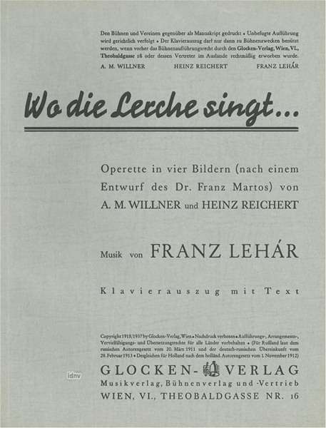 Franz Lehar: Wo die Lerche singt, Noten