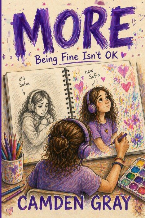 Text: "MORE Being Fine Isn't OK. old Sofia, new Sofia. CAMDEN GRAY." Illustration: Mädchen malt sich selbst fröhlicher.
