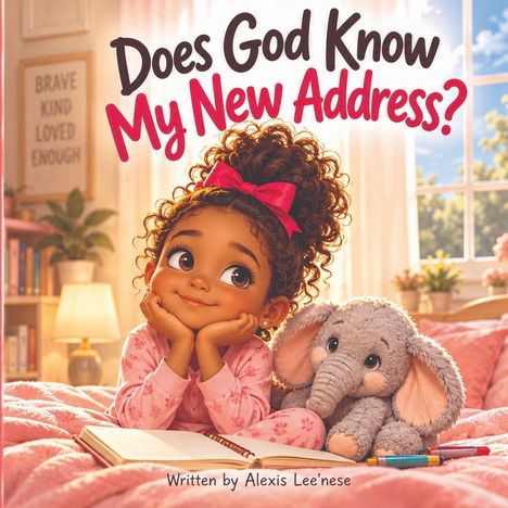 „Does God Know My New Address?“ Ein Mädchen mit lockigem Haar und rosa Schleife liegt auf einem Bett neben einem Elefanten-Plüschtier.