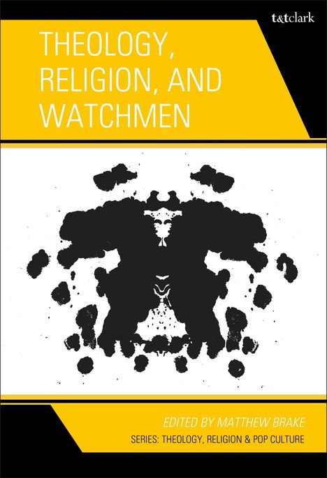 "Theology, Religion, and Watchmen" in Gelb. Unten eine Schwarz-Weiß-Tintenfleck-Illustration.