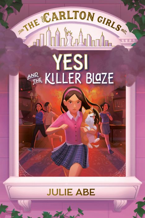 "YESI AND THE KILLER BLAZE" und "JULIE ABE". Mädchen mit Hund rennt aus brennendem Raum, Skyline oben, rosa Rahmen.
