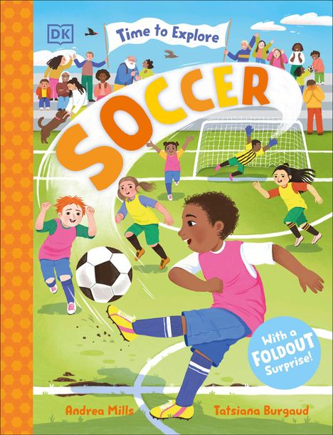 "COVER TO BE REVEALED, Time to explore SOCCER, Andrea Mills". Grüner Hintergrund mit einem schwarz-weißen Fußballdesign am Rand.