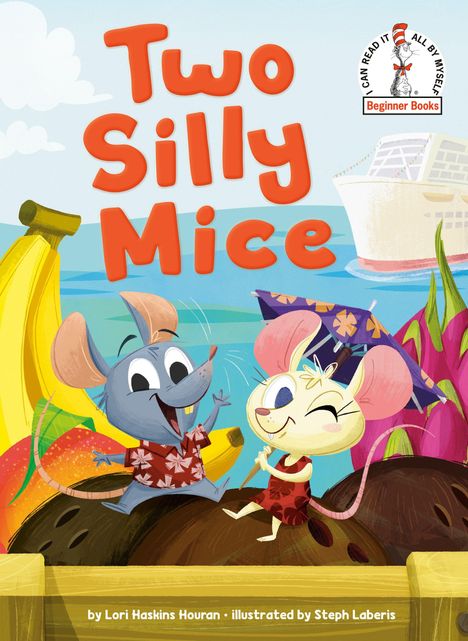 "Two Silly Mice" in großen Buchstaben. Zwei fröhliche Mäuse in Hawaii-Hemden sitzen auf tropischen Früchten.