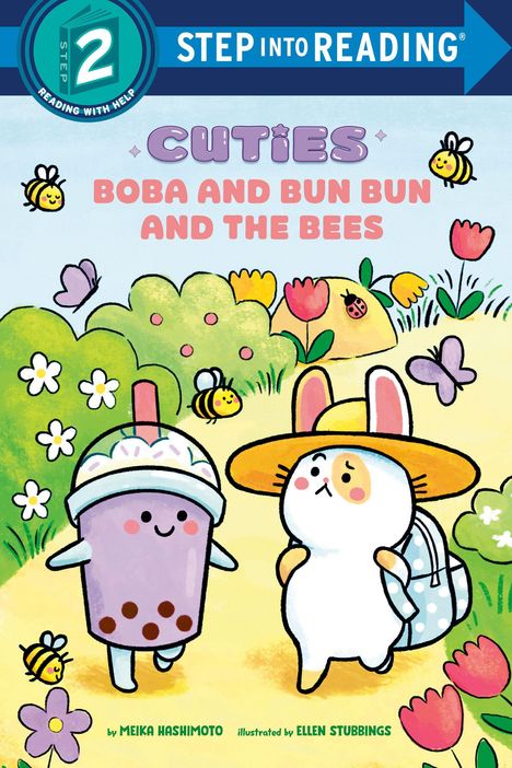 Oben: "STEP INTO READING 2". Titel: "CUTIES BOBA AND BUN BUN AND THE BEES". Illustrierte Figuren: Getränk und Hase in einer Blumenwiese.