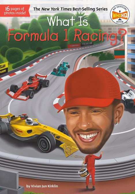 "What Is Formula 1 Racing?" in der Mitte, darunter lächelnder Mann mit roter Kappe, Rennwagen auf der Strecke.