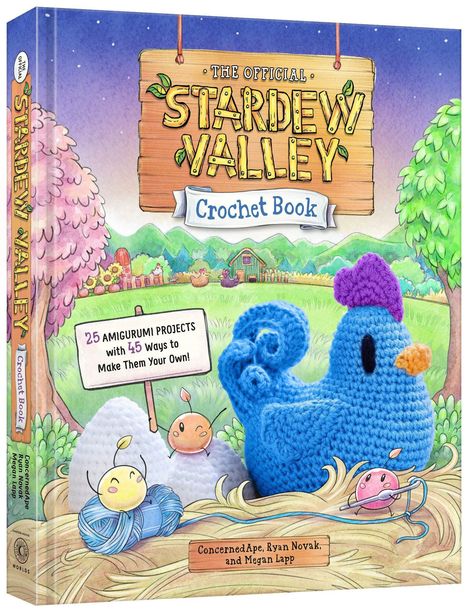 Titel: "The Official Stardew Valley Crochet Book". Text: "25 Amigurumi Projects". Illustration einer gehäkelten blauen Figur.