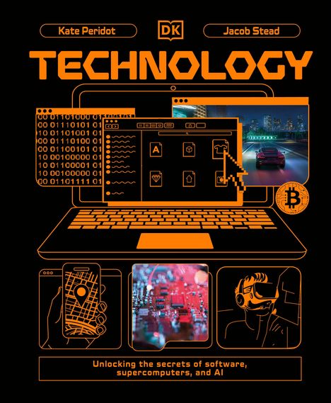 Text: "Kate Peridot", "Jacob Stead", "Computers", "Unlocking the secrets of software, supercomputers, and AI". Illustration mit Computer, Code und VR.