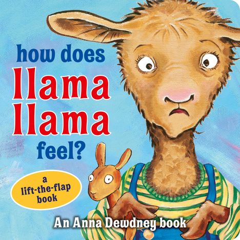 „how does llama llama feel?“ Ein gezeichnetes Lama hält ein Kuscheltier, blauer Hintergrund.