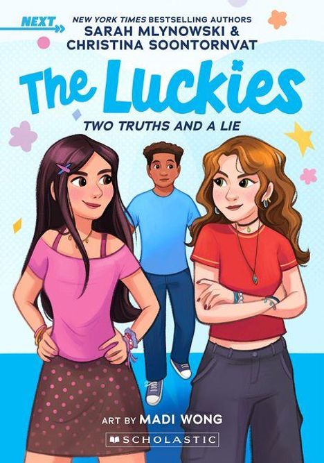 Text: "The Luckies: Two Truths and a Lie." Illustration zeigt drei Jugendliche auf buntem Hintergrund mit Sternen.