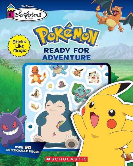 Text: "Pokémon Ready for Adventure". Pikachu im Vordergrund, diverse Pokémon als Sticker, darunter Schiggy und Glumanda.